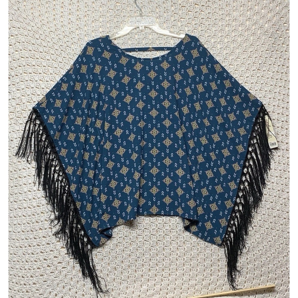 Wrangler Top Women Sz S Kimono Poncho Shawl With Fringe Blue Aztec Print Western - Picture 1 of 7